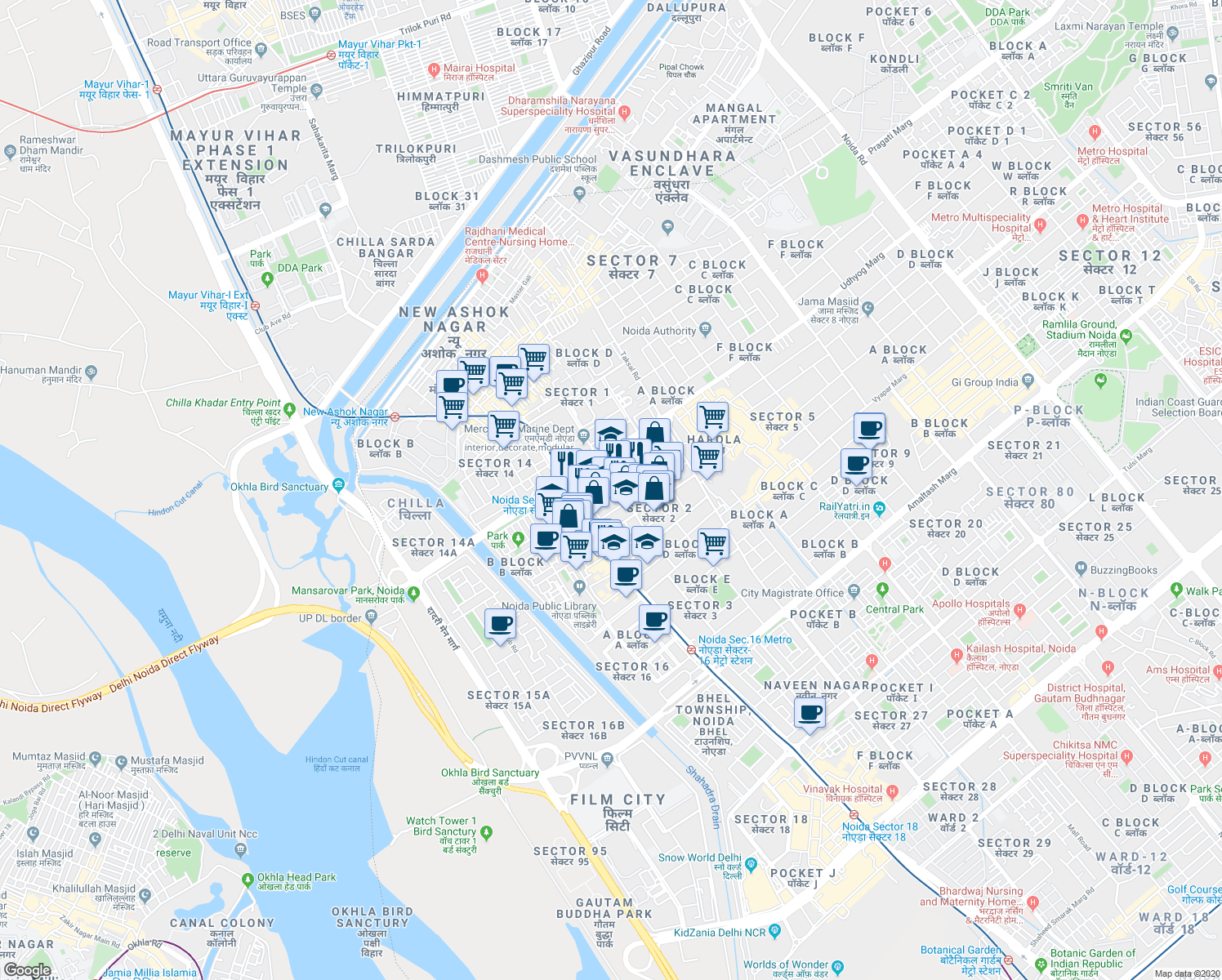 map of restaurants, bars, coffee shops, grocery stores, and more near in Noida
