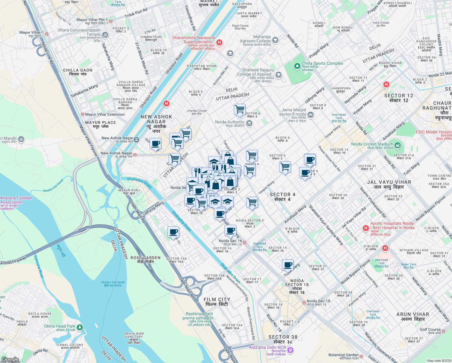 map of restaurants, bars, coffee shops, grocery stores, and more near in Noida
