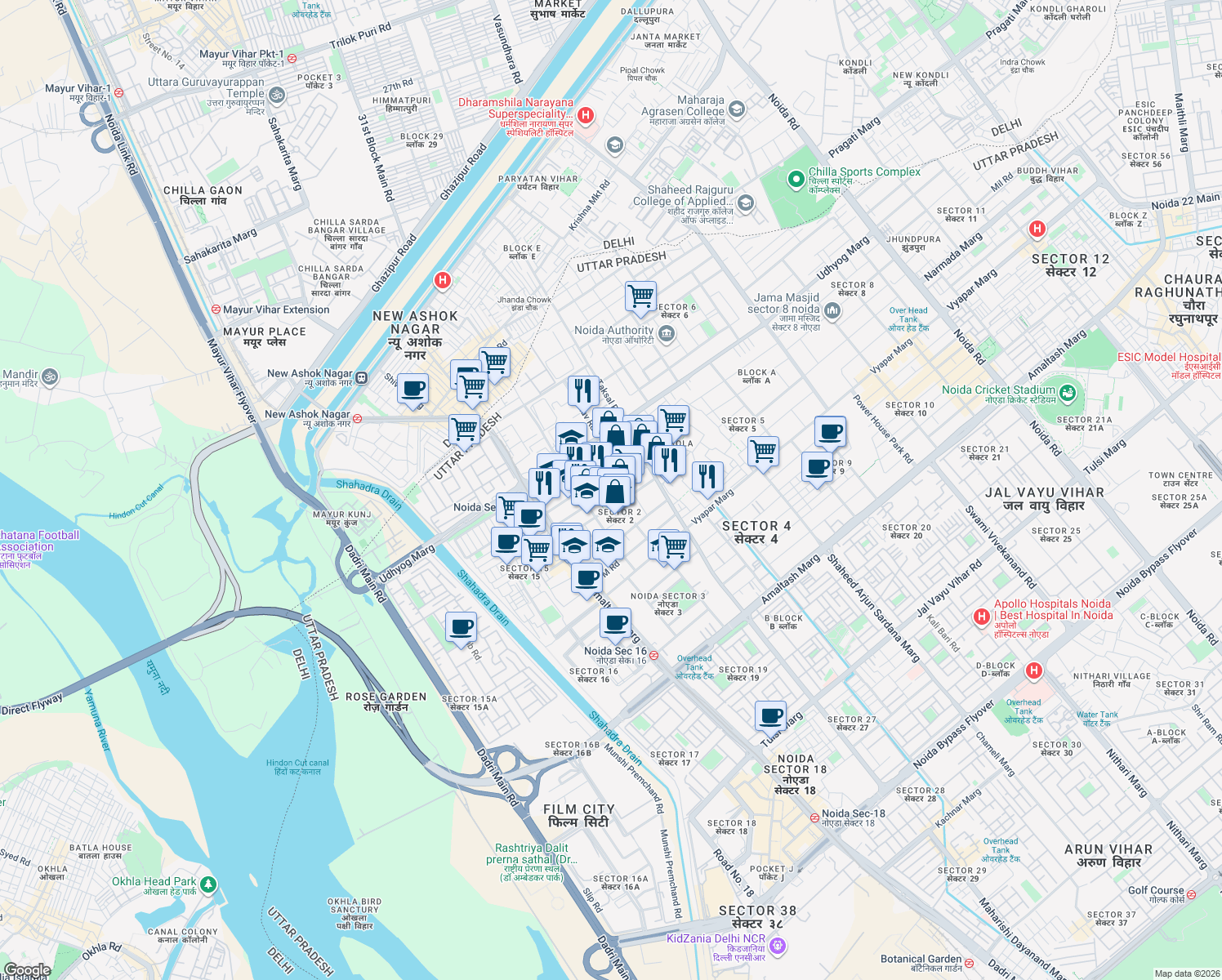 map of restaurants, bars, coffee shops, grocery stores, and more near in Noida
