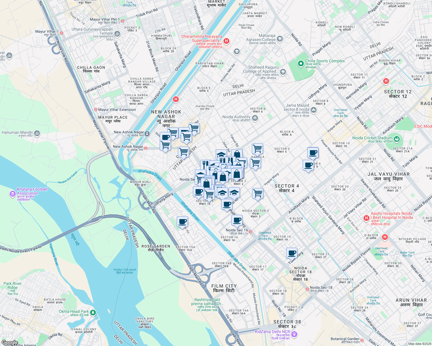 map of restaurants, bars, coffee shops, grocery stores, and more near in Noida