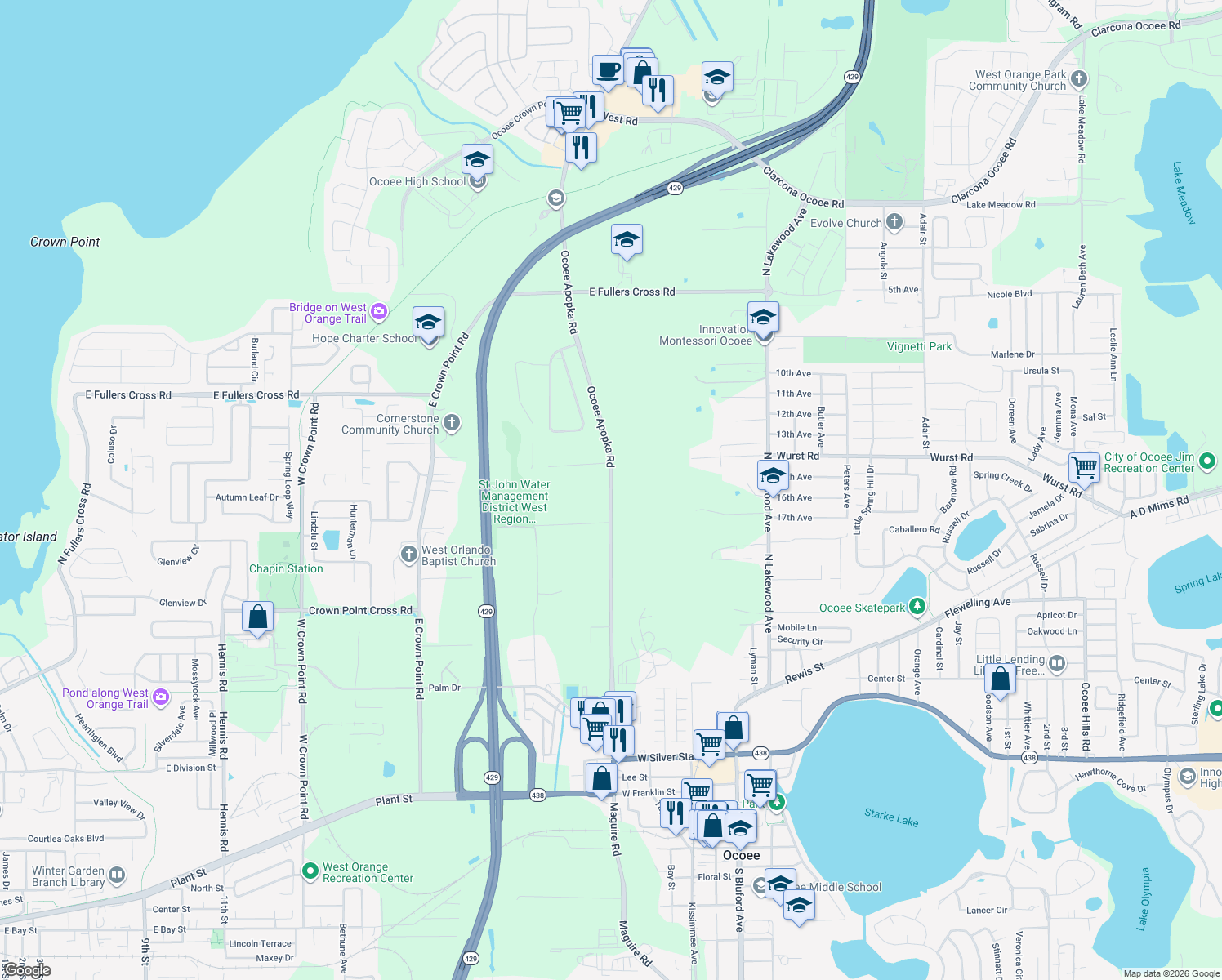 map of restaurants, bars, coffee shops, grocery stores, and more near 1053 Ocoee Apopka Road in Ocoee