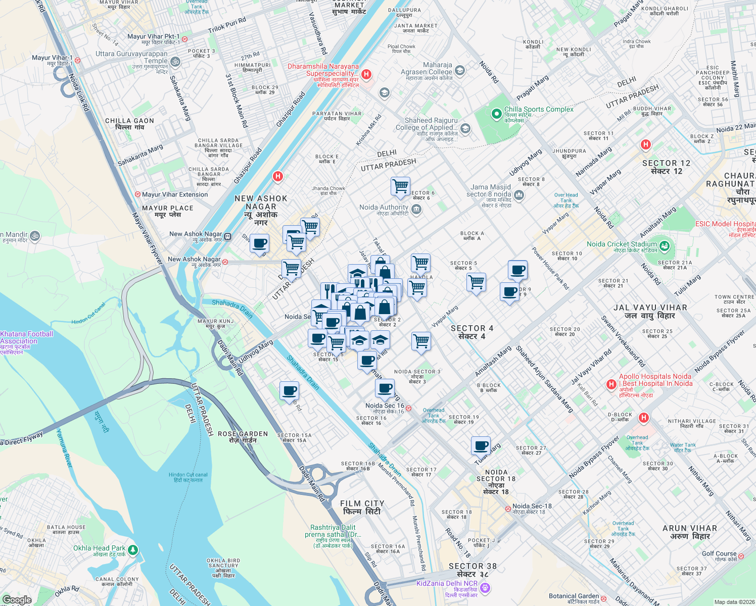 map of restaurants, bars, coffee shops, grocery stores, and more near in Noida