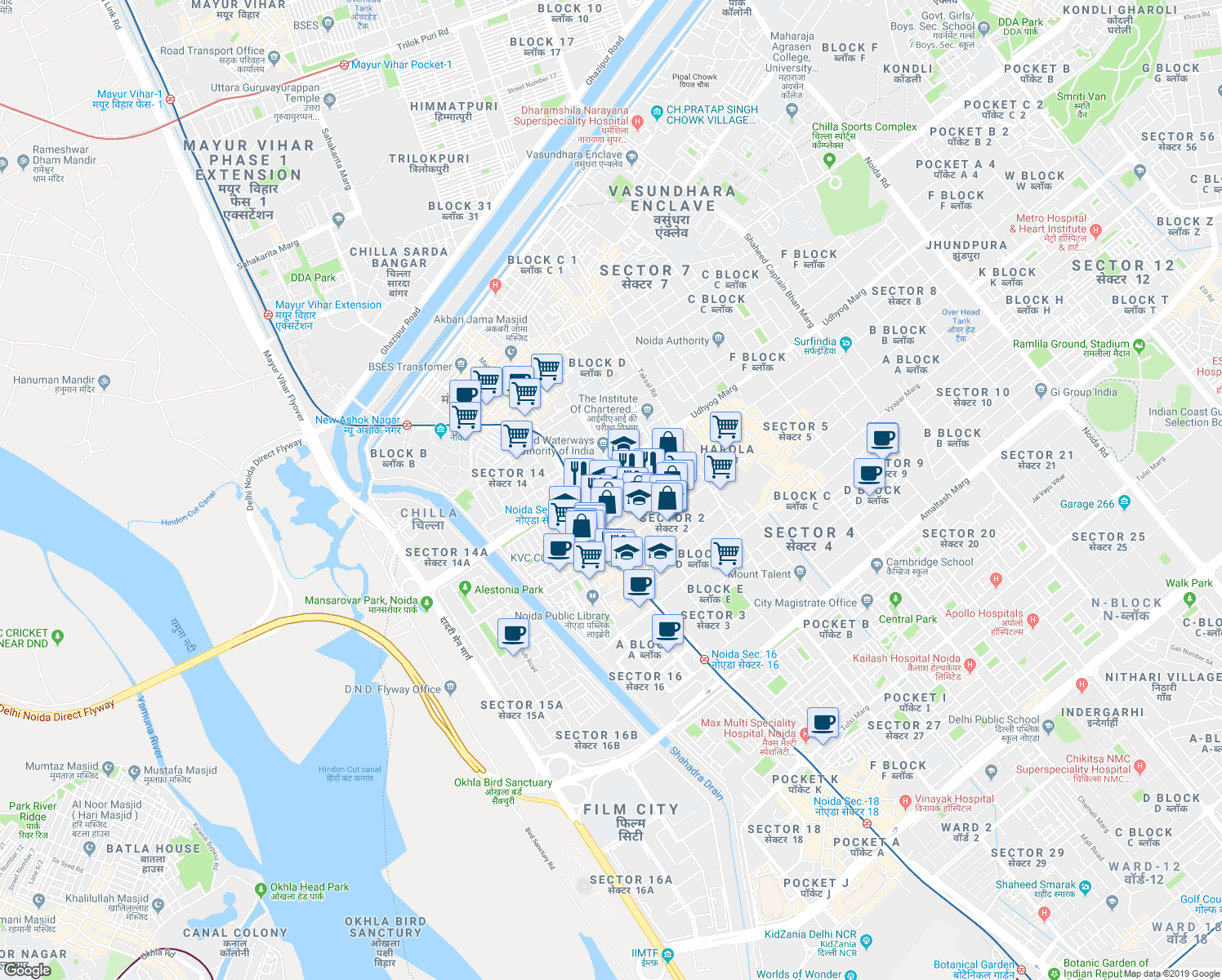 map of restaurants, bars, coffee shops, grocery stores, and more near in Noida