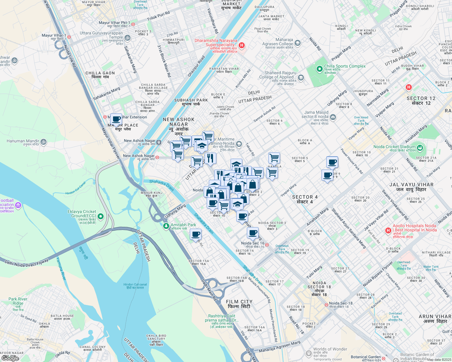 map of restaurants, bars, coffee shops, grocery stores, and more near 2 Udhyog Marg in Noida