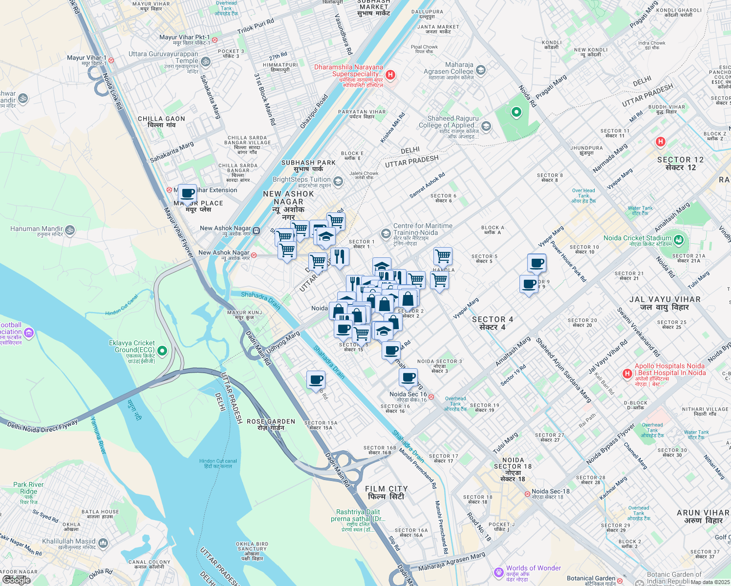 map of restaurants, bars, coffee shops, grocery stores, and more near 2 Udhyog Marg in Noida