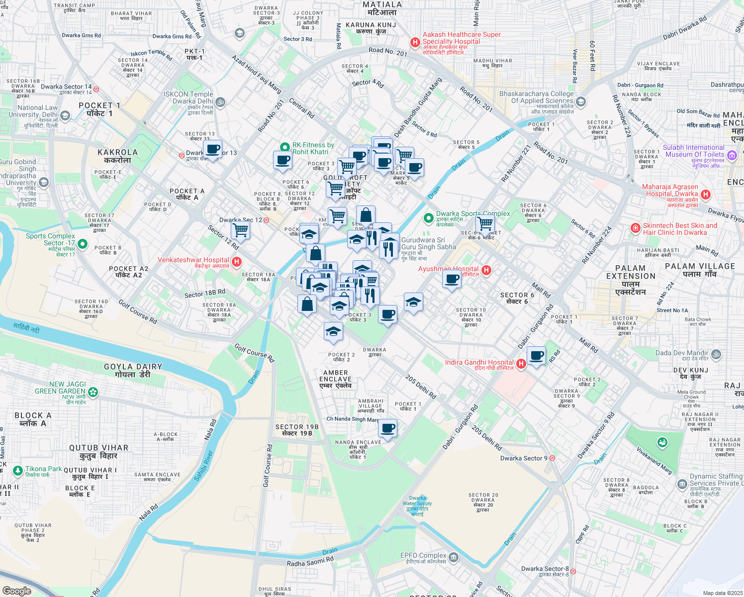 map of restaurants, bars, coffee shops, grocery stores, and more near in New Delhi