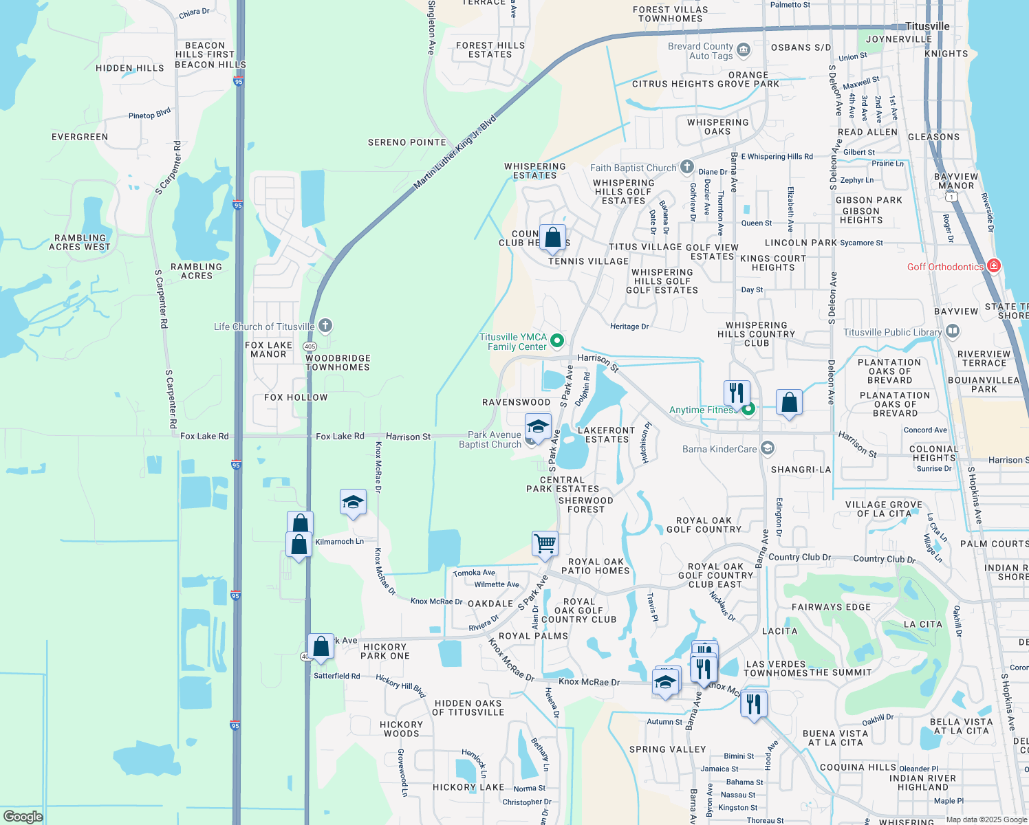 map of restaurants, bars, coffee shops, grocery stores, and more near 2414 Jaywood Road in Titusville