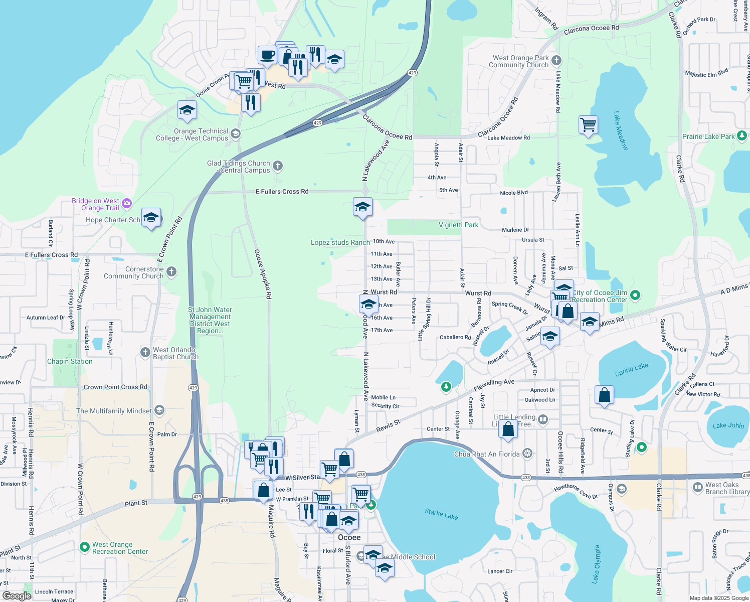 map of restaurants, bars, coffee shops, grocery stores, and more near 104 15th Avenue in Ocoee