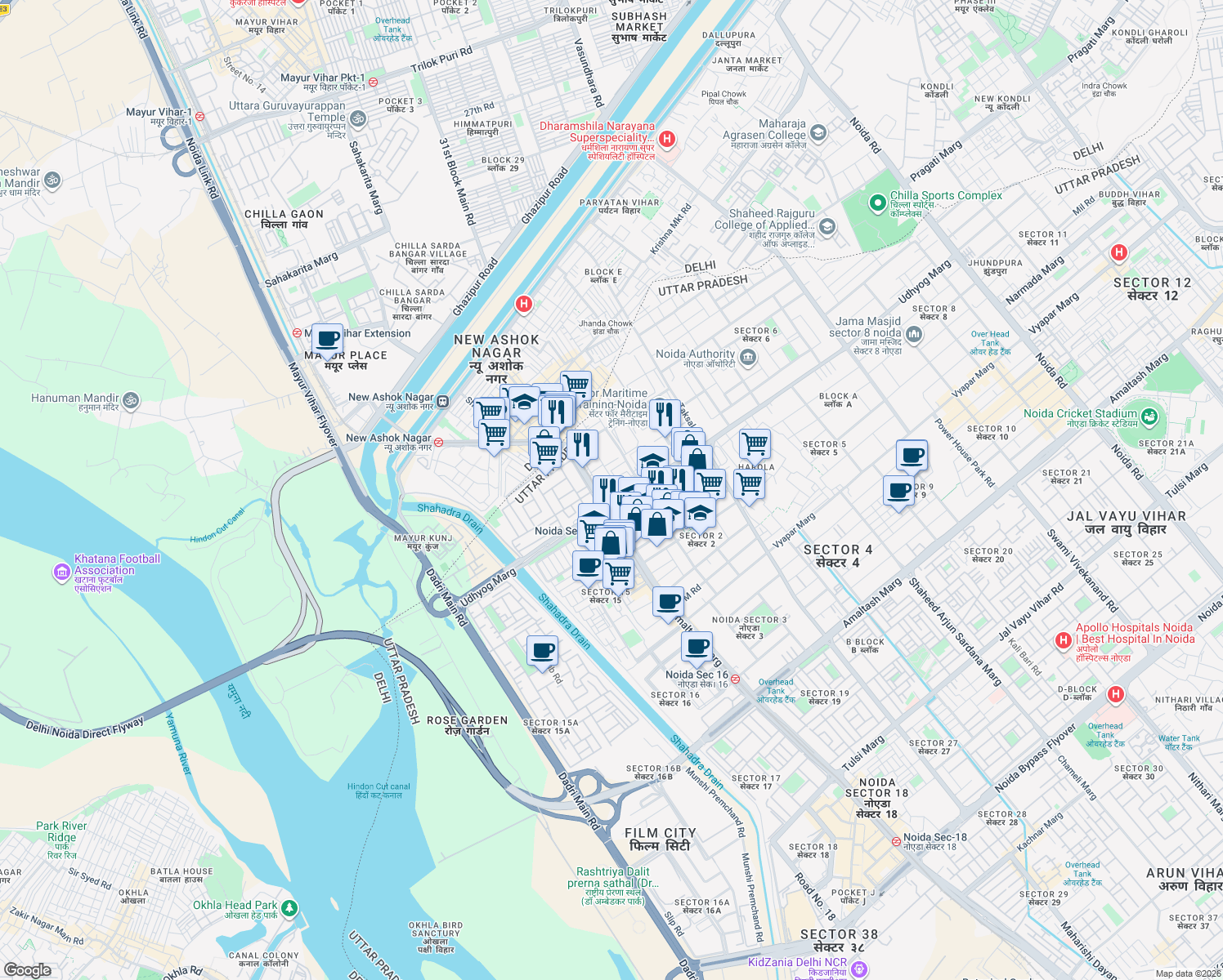 map of restaurants, bars, coffee shops, grocery stores, and more near in Noida