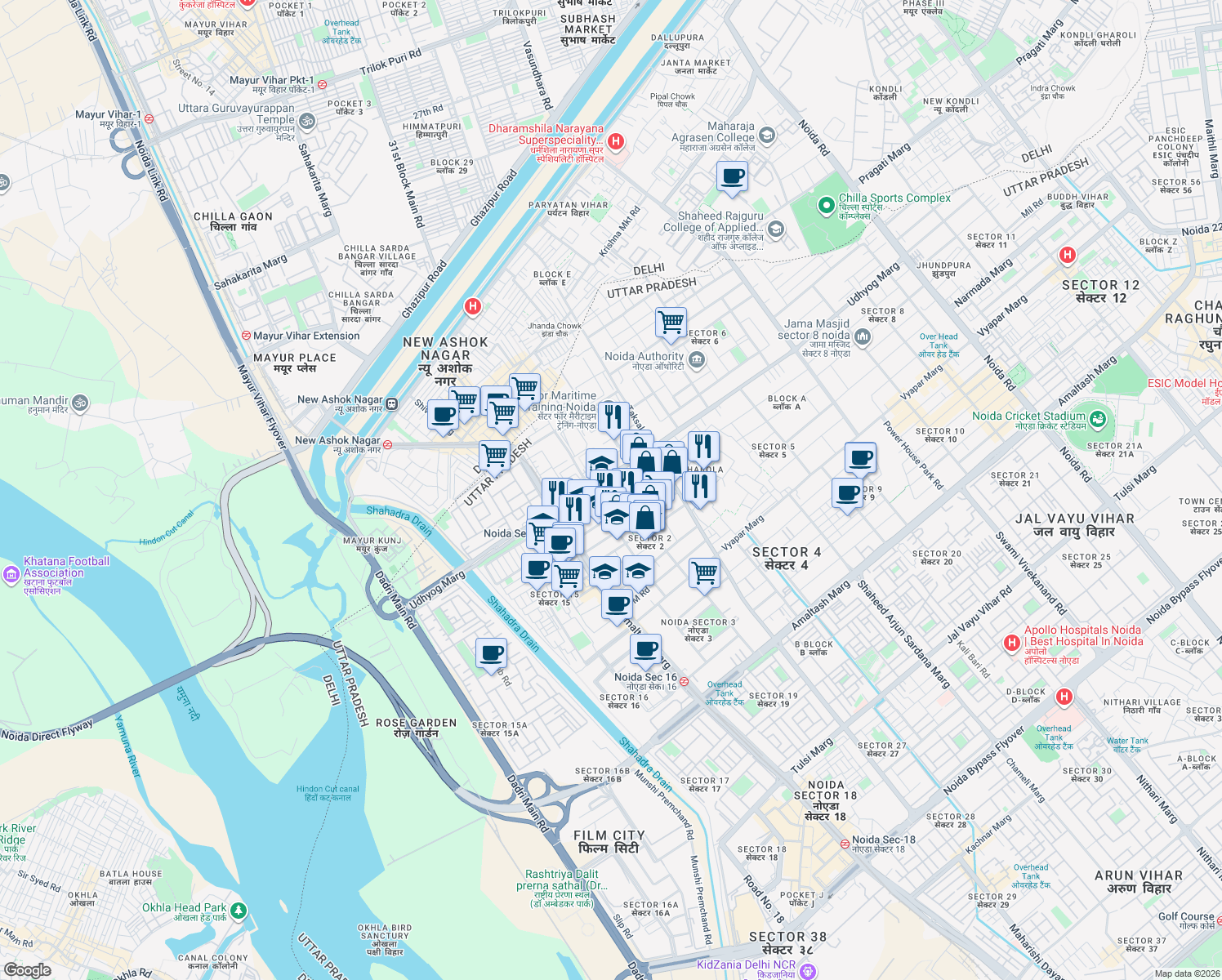map of restaurants, bars, coffee shops, grocery stores, and more near in Noida