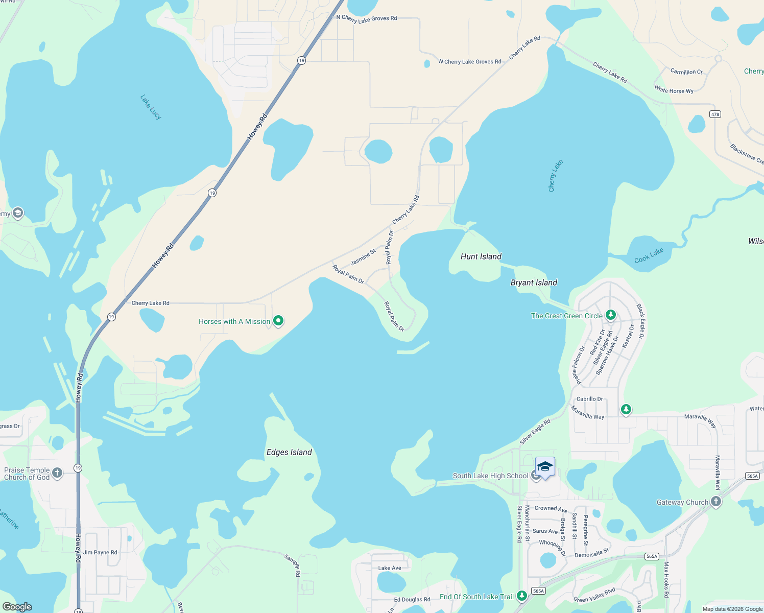 map of restaurants, bars, coffee shops, grocery stores, and more near 16802 Royal Palm Drive in Groveland