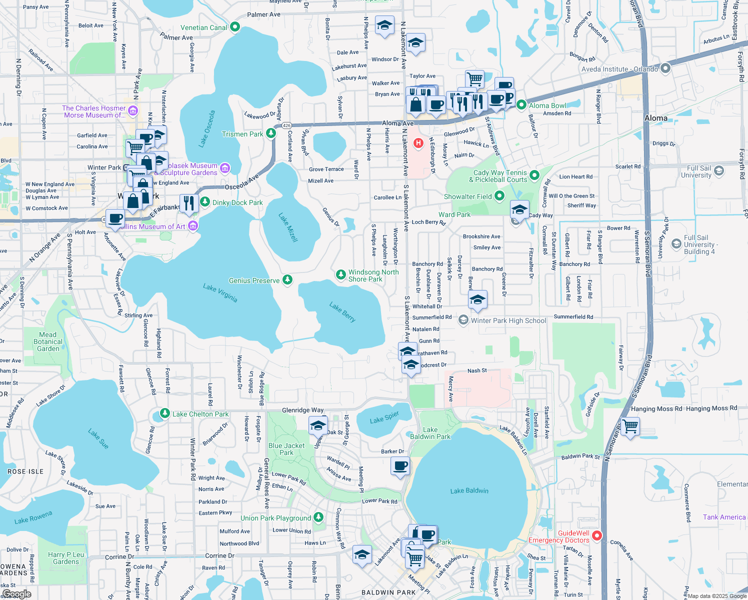 map of restaurants, bars, coffee shops, grocery stores, and more near 697 Balmoral Road in Winter Park