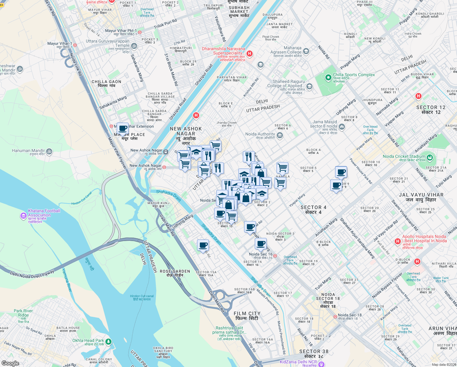 map of restaurants, bars, coffee shops, grocery stores, and more near A-1 Udhyog Marg in Noida