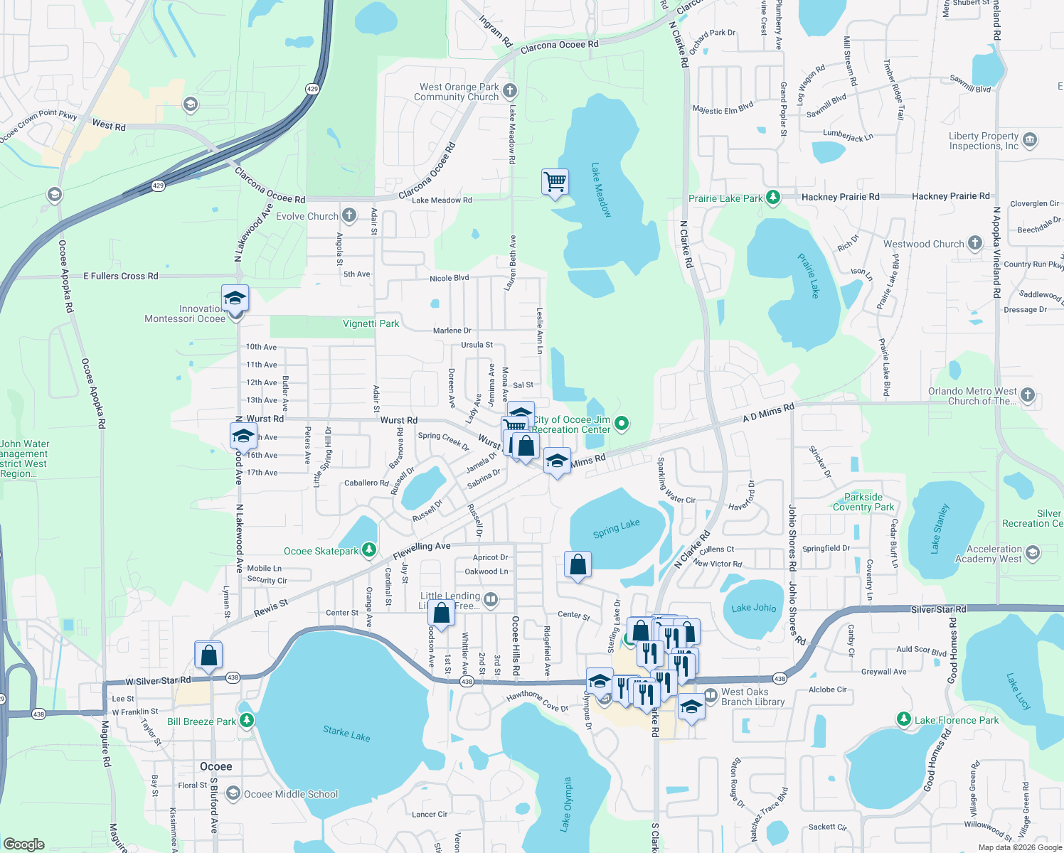 map of restaurants, bars, coffee shops, grocery stores, and more near 204 Spring Lake Circle in Ocoee
