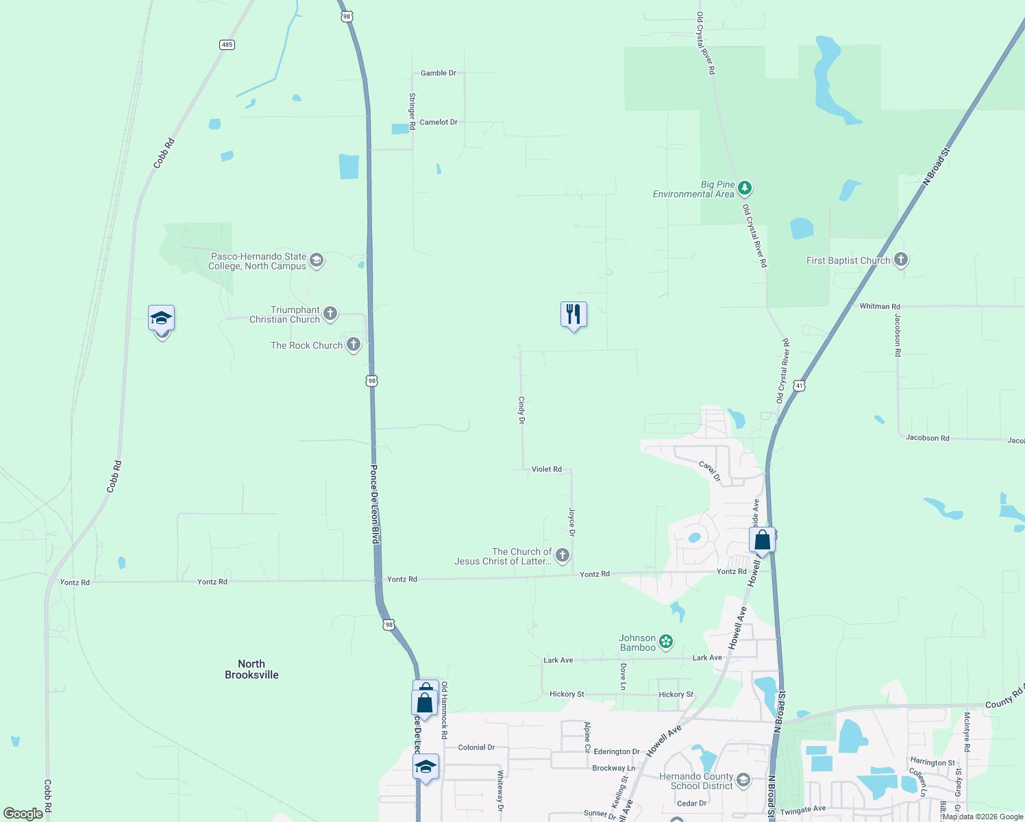 map of restaurants, bars, coffee shops, grocery stores, and more near 11159 Cindy Drive in Brooksville
