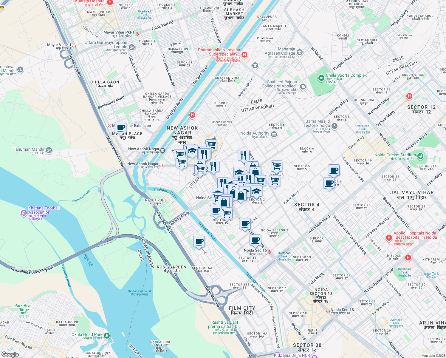 map of restaurants, bars, coffee shops, grocery stores, and more near in Noida