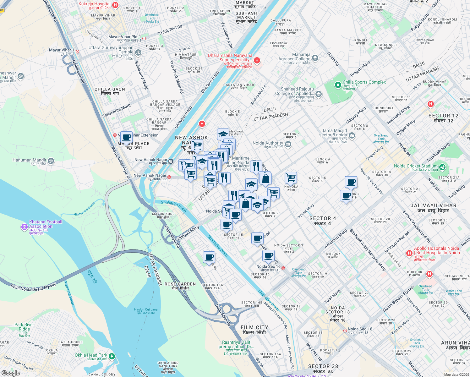 map of restaurants, bars, coffee shops, grocery stores, and more near B Block Road in Noida
