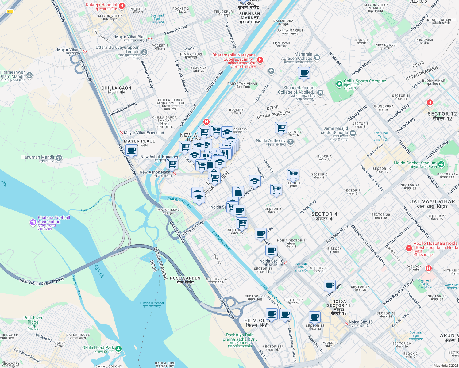 map of restaurants, bars, coffee shops, grocery stores, and more near in Noida