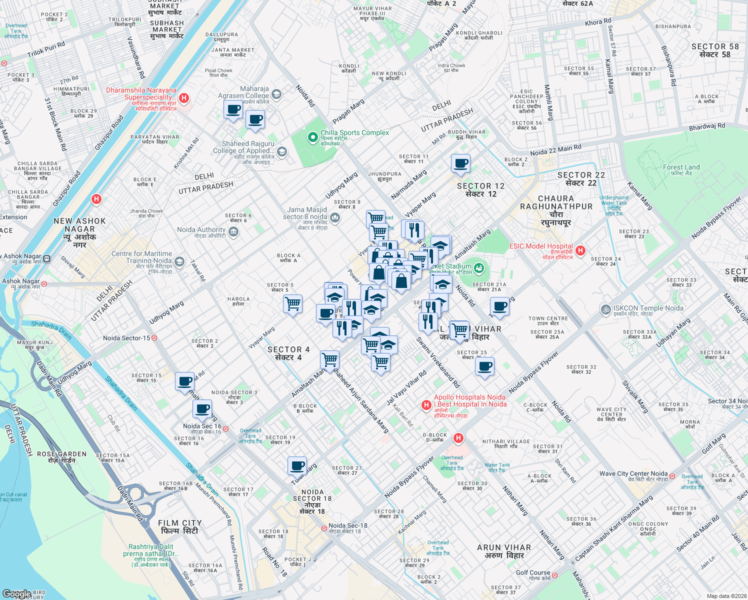 map of restaurants, bars, coffee shops, grocery stores, and more near A Block Road in Noida