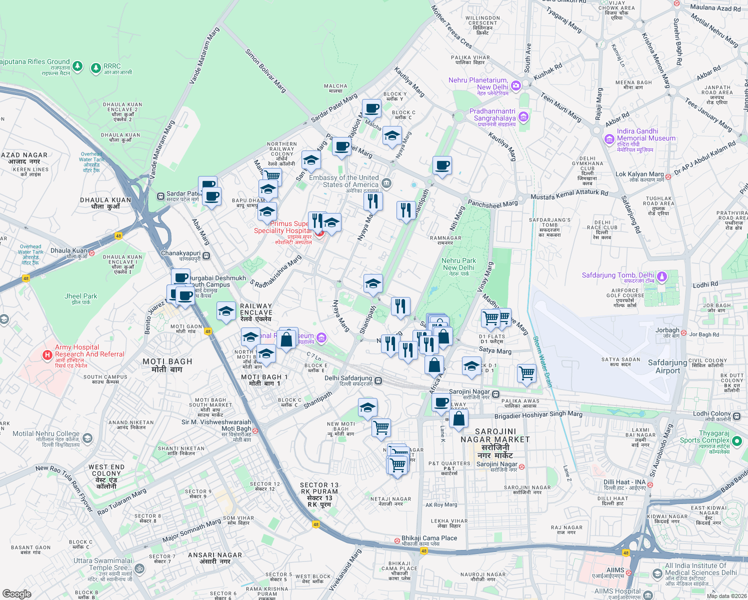 map of restaurants, bars, coffee shops, grocery stores, and more near in New Delhi