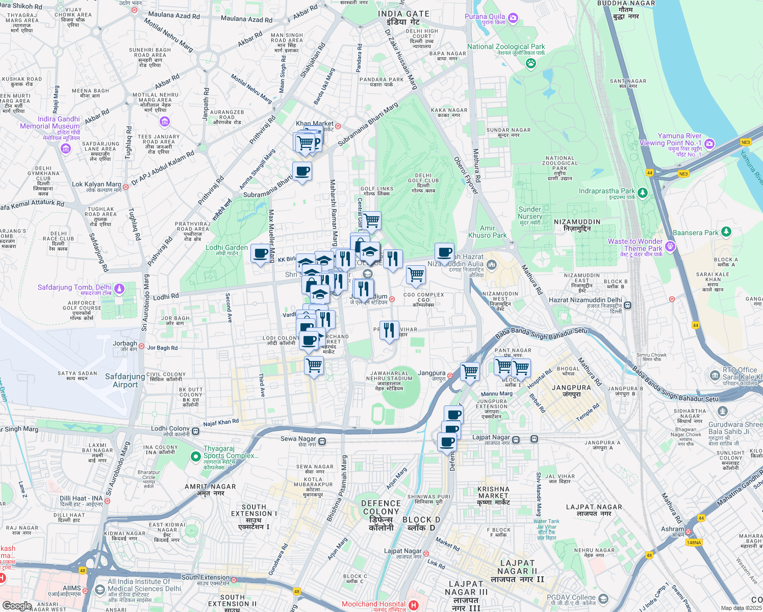 map of restaurants, bars, coffee shops, grocery stores, and more near in New Delhi