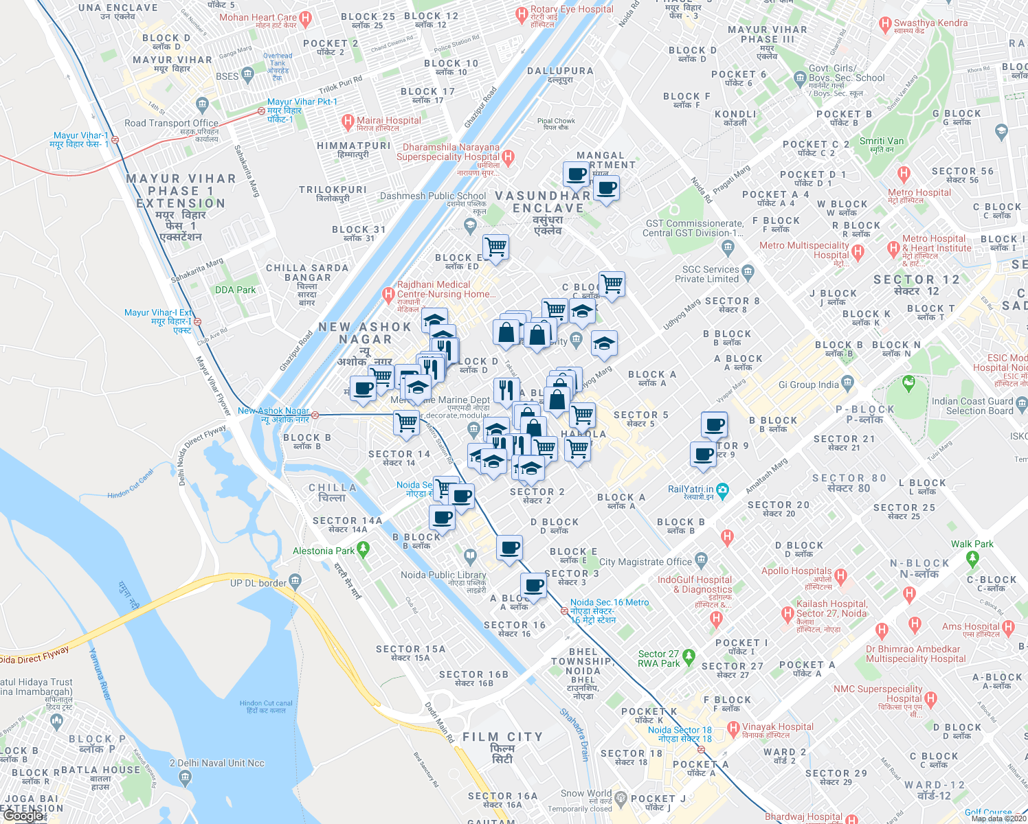 map of restaurants, bars, coffee shops, grocery stores, and more near in Noida