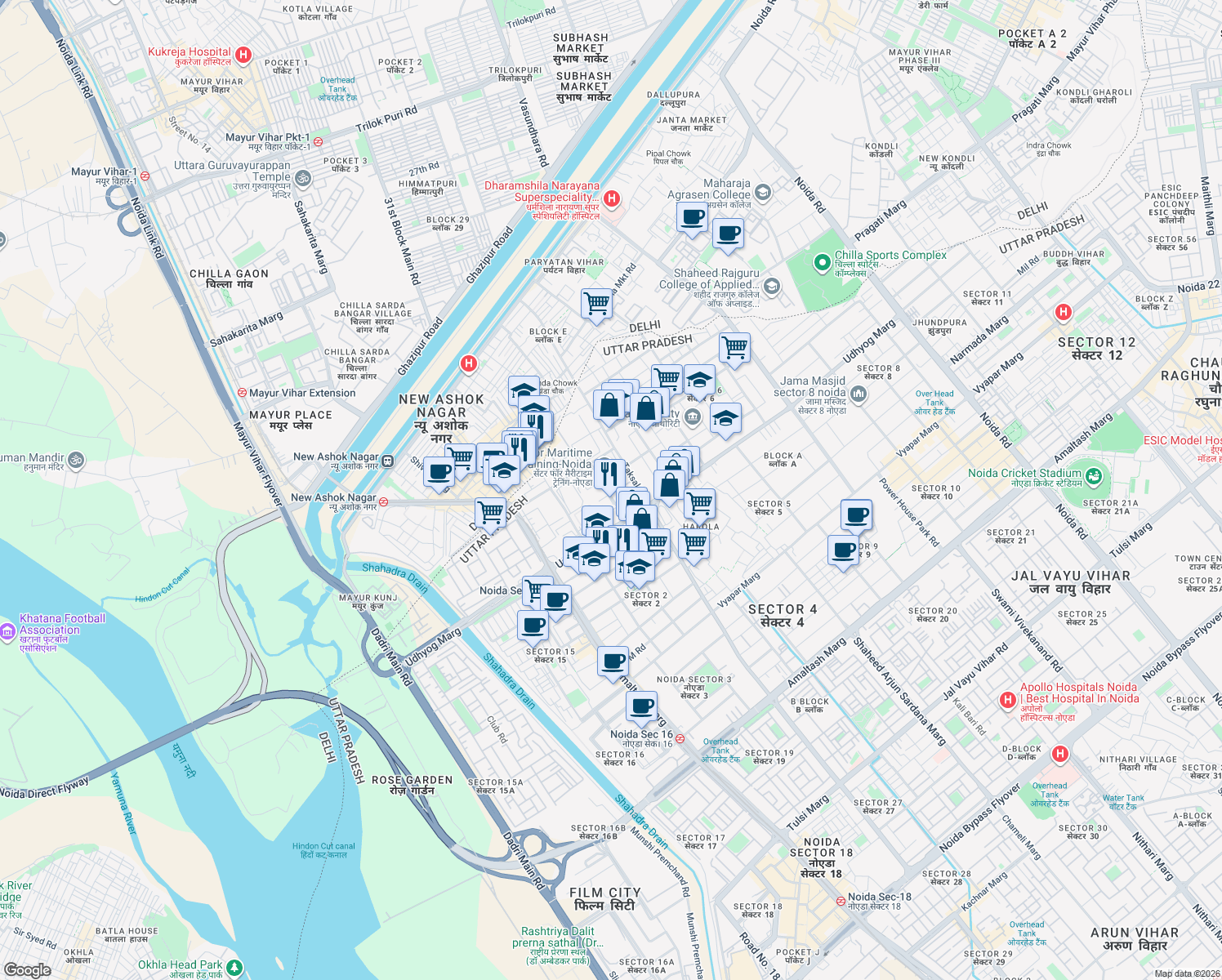 map of restaurants, bars, coffee shops, grocery stores, and more near in Noida