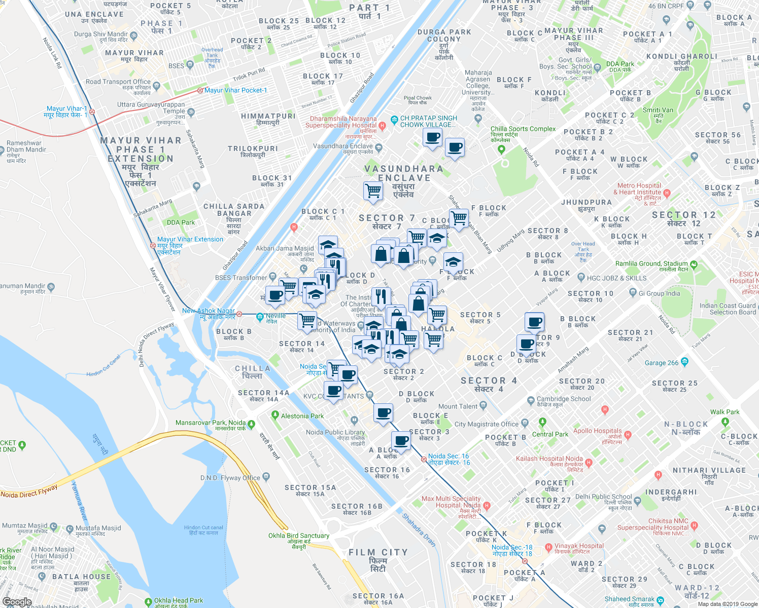 map of restaurants, bars, coffee shops, grocery stores, and more near in Noida