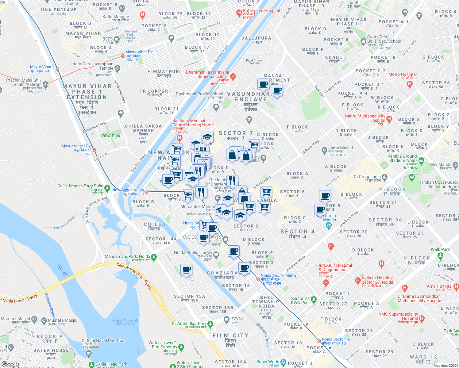 map of restaurants, bars, coffee shops, grocery stores, and more near in Noida