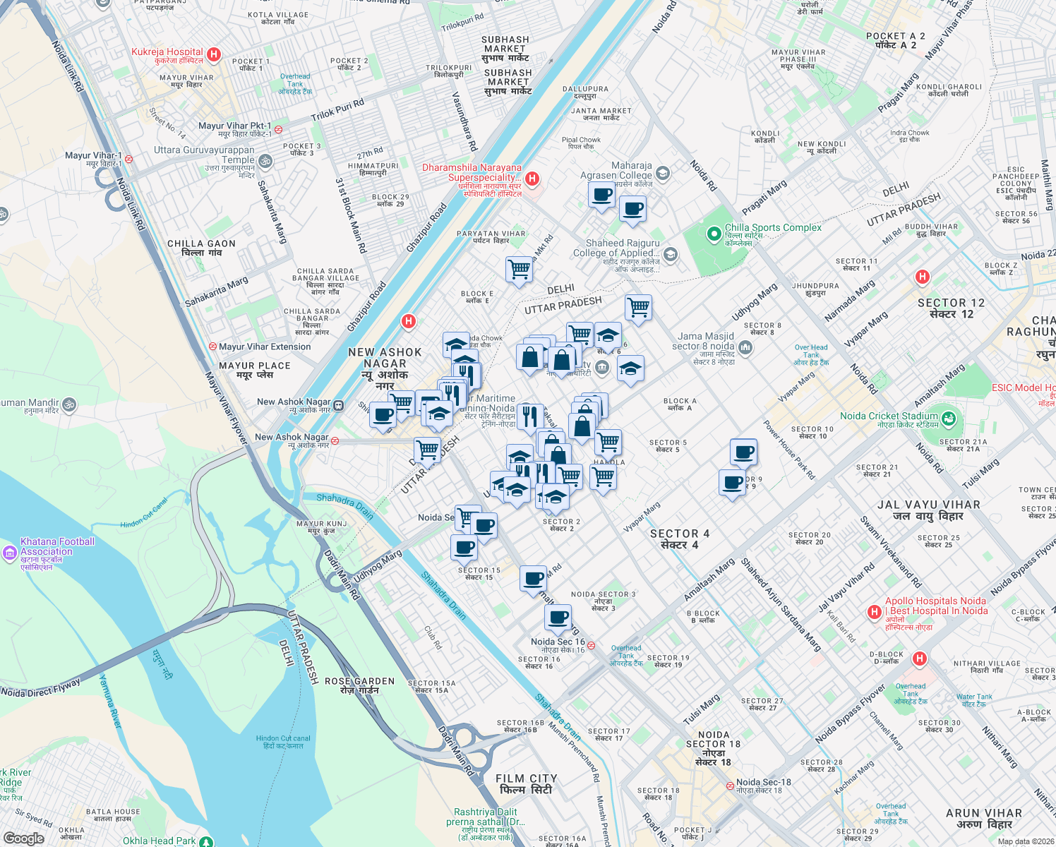 map of restaurants, bars, coffee shops, grocery stores, and more near in Noida