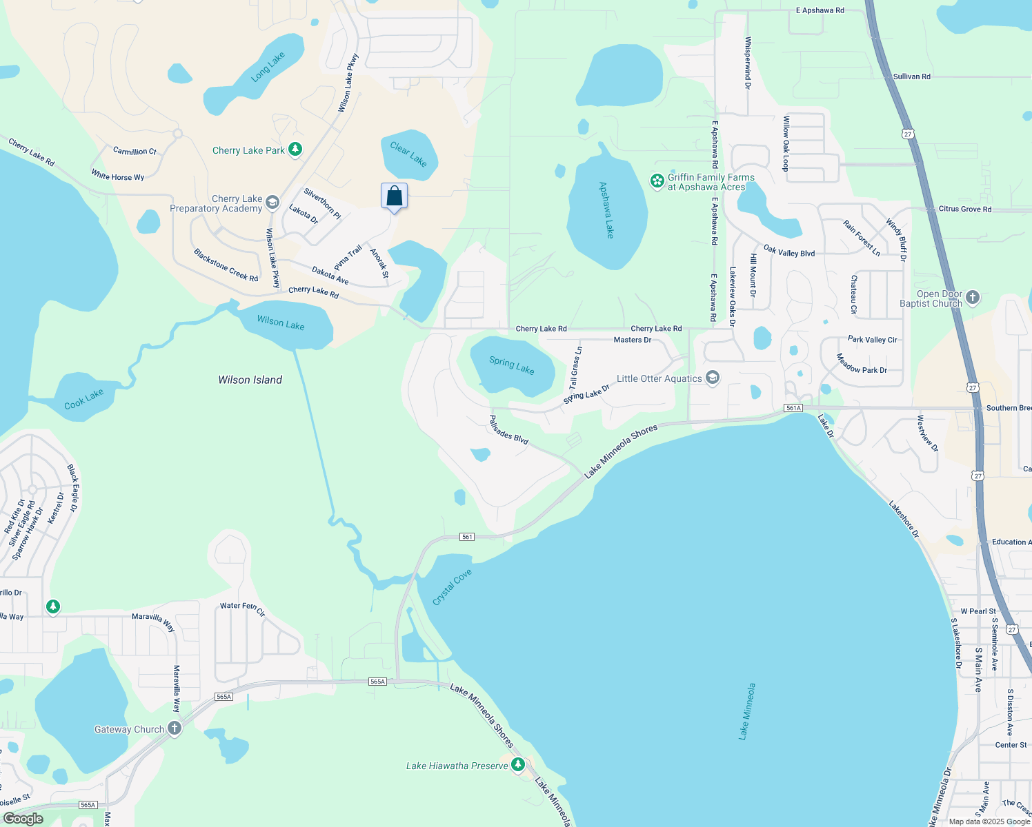 map of restaurants, bars, coffee shops, grocery stores, and more near 9853 Spring Lake Drive in Clermont