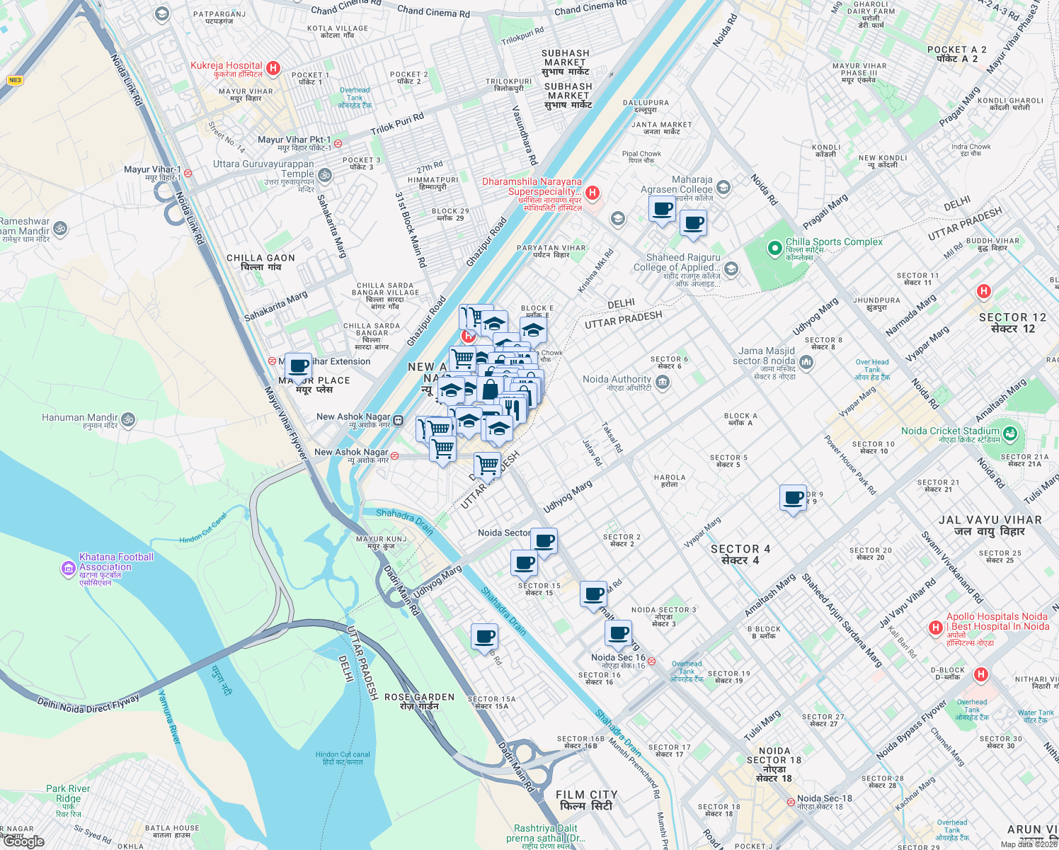 map of restaurants, bars, coffee shops, grocery stores, and more near in Noida