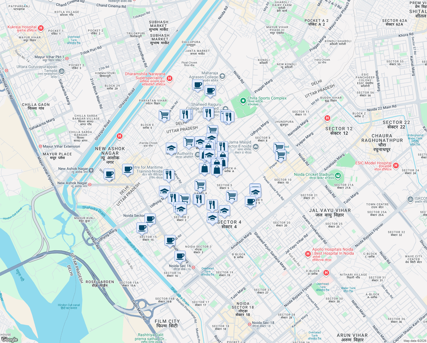 map of restaurants, bars, coffee shops, grocery stores, and more near B-120 Udhyog Marg in Noida