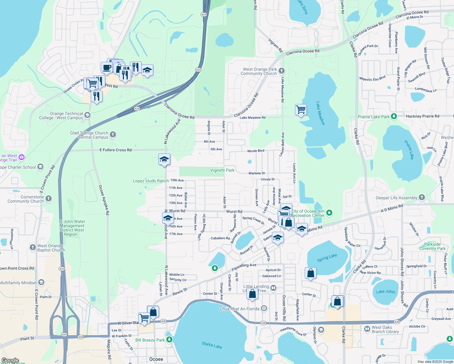 map of restaurants, bars, coffee shops, grocery stores, and more near 1805 Adair Street in Ocoee
