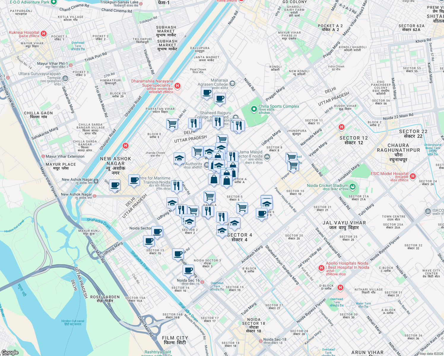 map of restaurants, bars, coffee shops, grocery stores, and more near B-120 Udhyog Marg in Noida