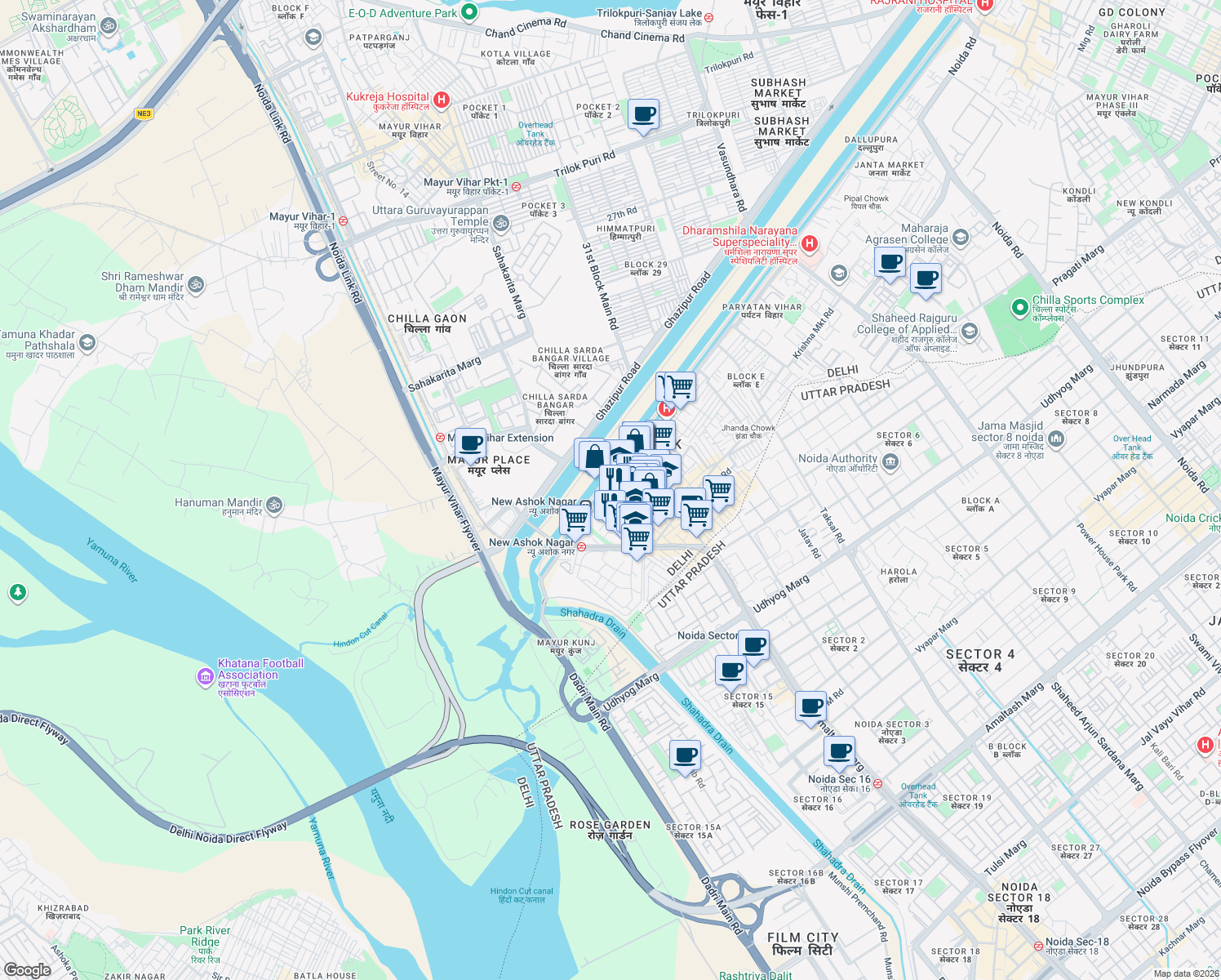map of restaurants, bars, coffee shops, grocery stores, and more near in Noida