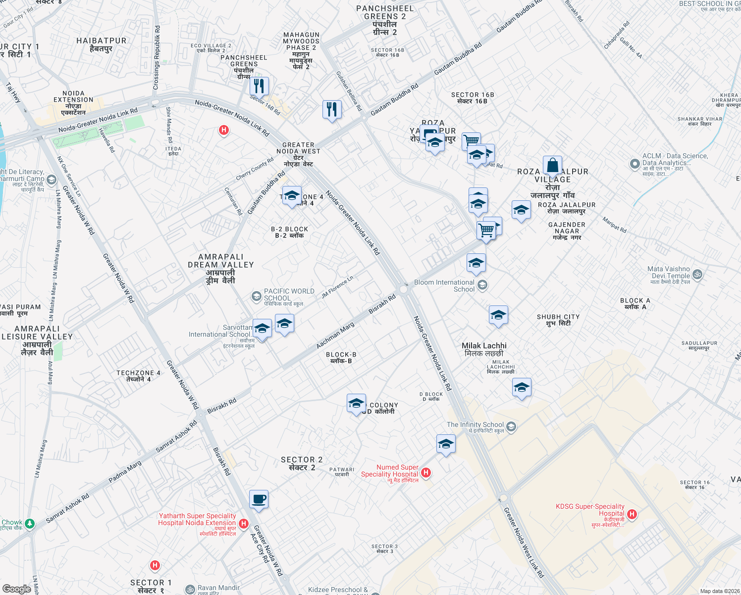 map of restaurants, bars, coffee shops, grocery stores, and more near Noida-Greater Noida Link Road in Greater Noida