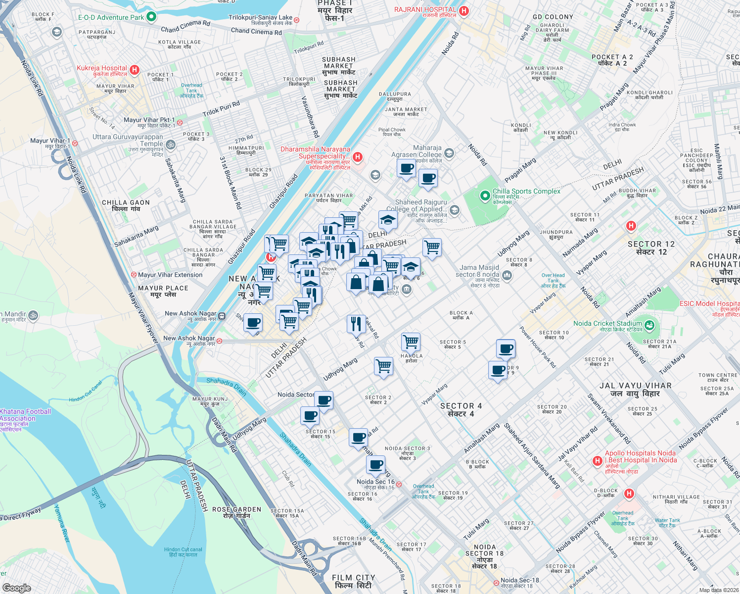 map of restaurants, bars, coffee shops, grocery stores, and more near in Noida
