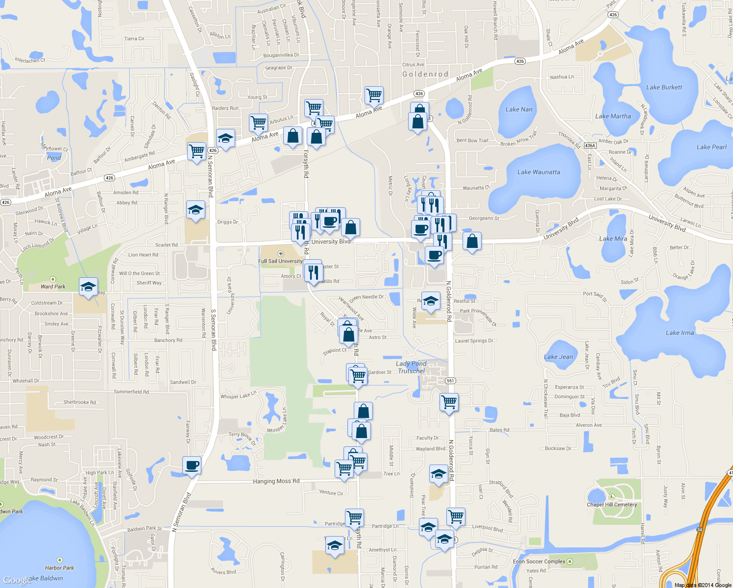 map of restaurants, bars, coffee shops, grocery stores, and more near 7109 Green Needle Dr in Winter Park