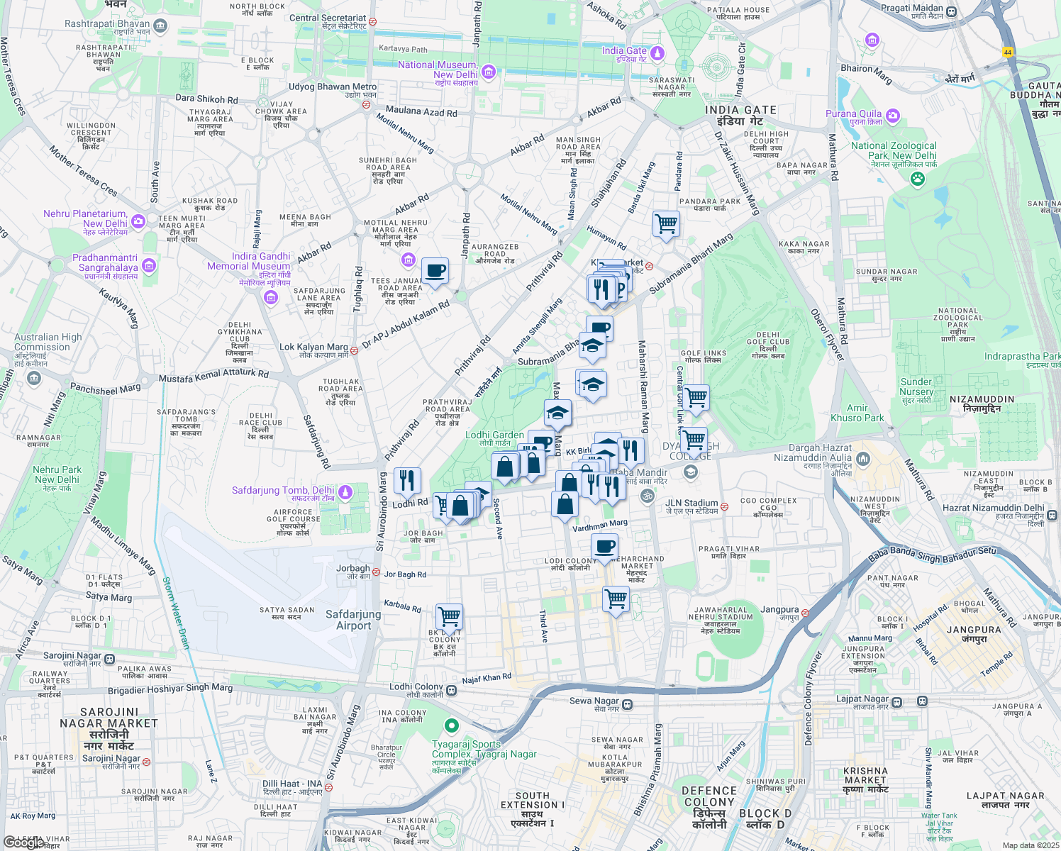 map of restaurants, bars, coffee shops, grocery stores, and more near Max Mueller Marg in New Delhi