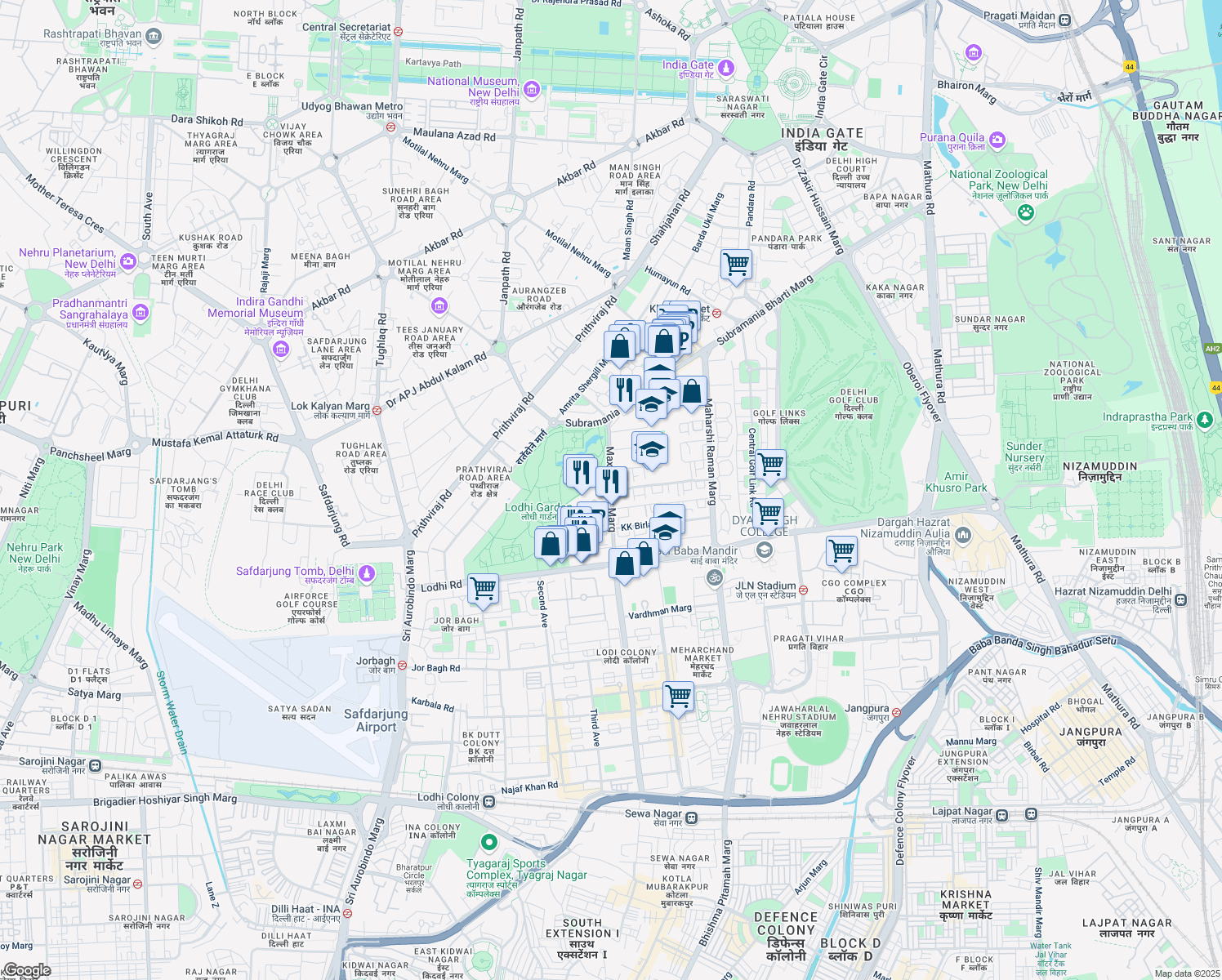 map of restaurants, bars, coffee shops, grocery stores, and more near Max Mueller Marg in New Delhi