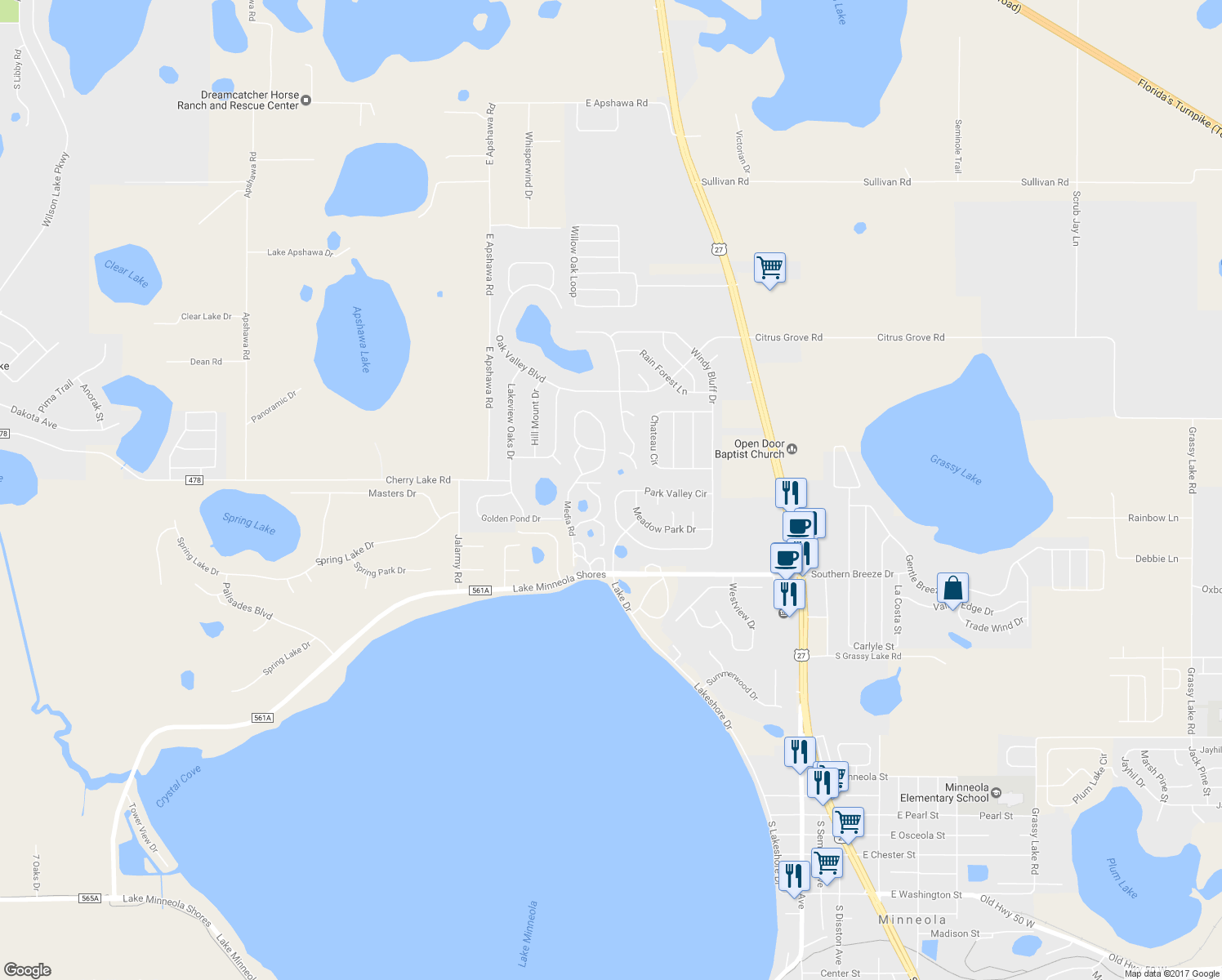 map of restaurants, bars, coffee shops, grocery stores, and more near 903 Park Valley Circle in Minneola