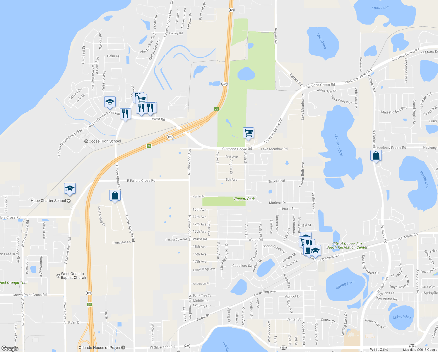 map of restaurants, bars, coffee shops, grocery stores, and more near 10666 4th Avenue in Ocoee