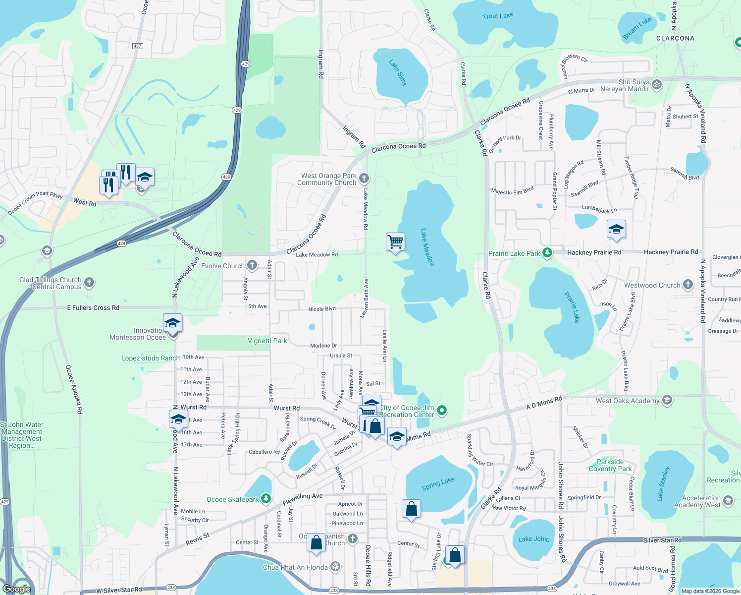 map of restaurants, bars, coffee shops, grocery stores, and more near 2121 Lauren Beth Avenue in Ocoee