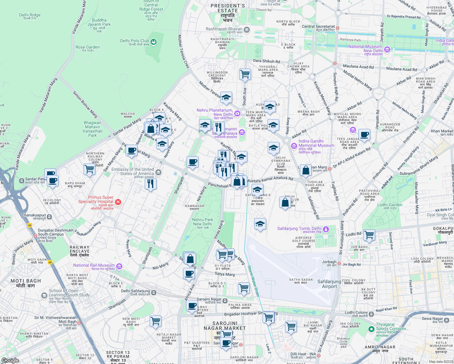 map of restaurants, bars, coffee shops, grocery stores, and more near 50 Niti Marg in New Delhi