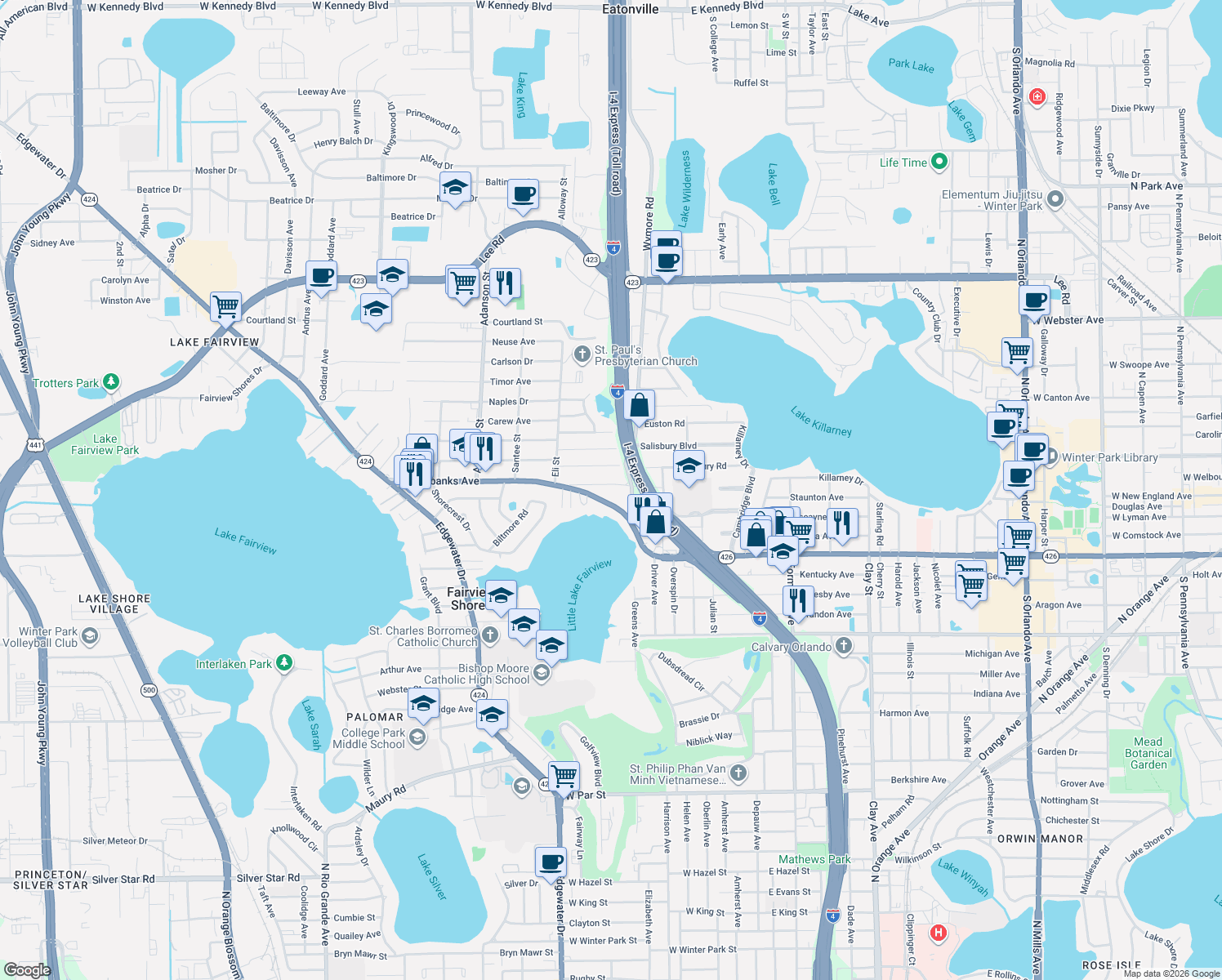 map of restaurants, bars, coffee shops, grocery stores, and more near 2714 Riddle Drive in Winter Park