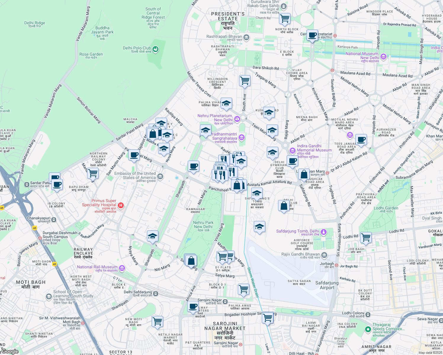 map of restaurants, bars, coffee shops, grocery stores, and more near 50 Niti Marg in New Delhi