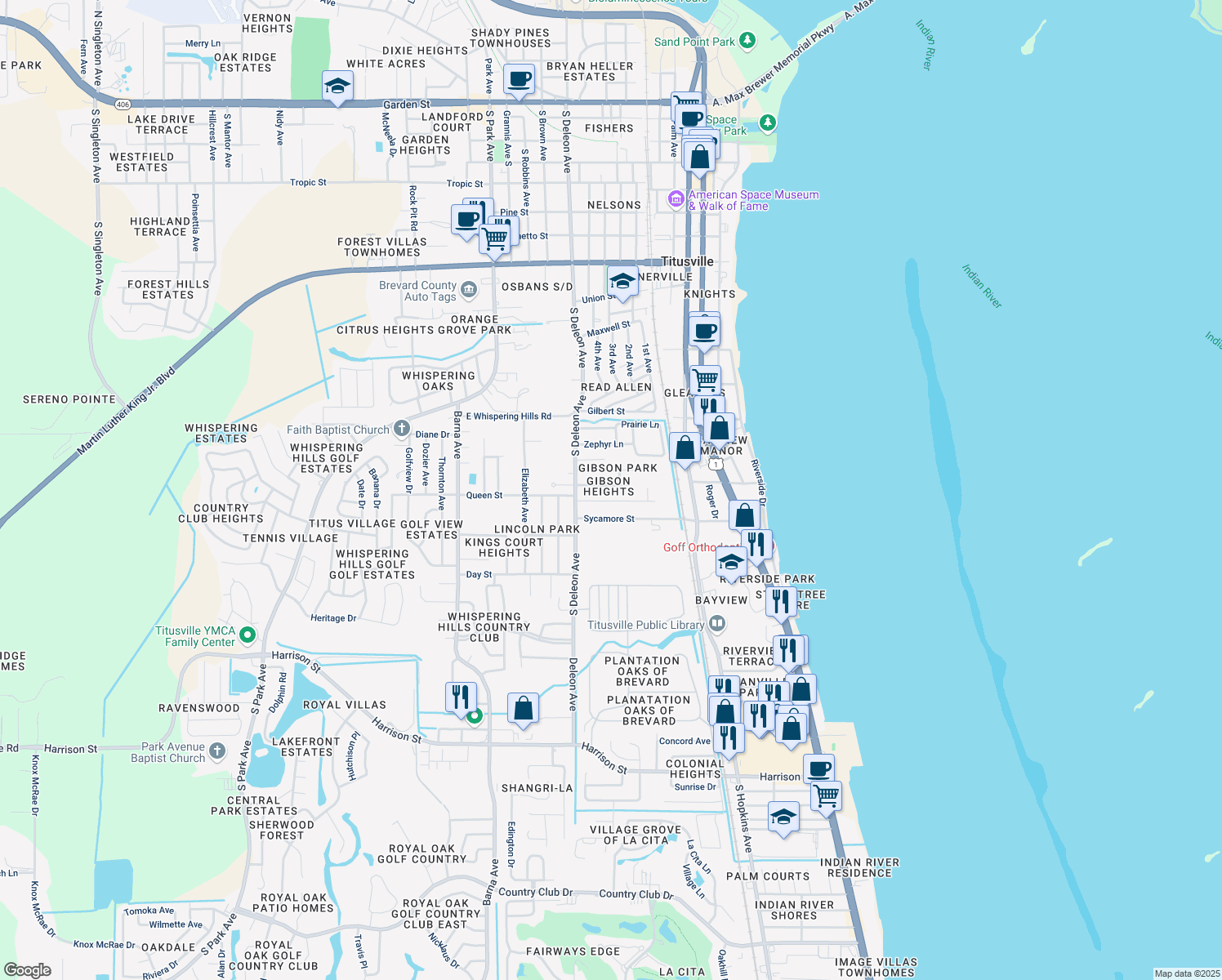 map of restaurants, bars, coffee shops, grocery stores, and more near 909 Kenilworth Ct in Titusville