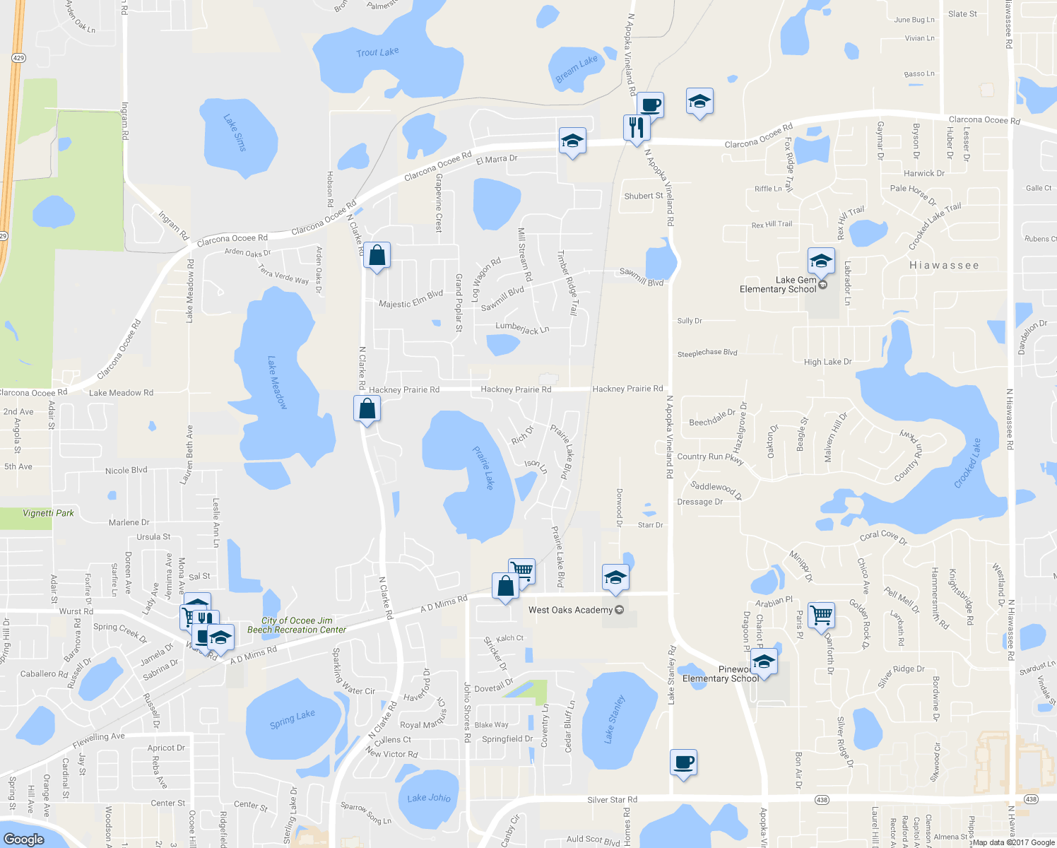 map of restaurants, bars, coffee shops, grocery stores, and more near 610 Rich Drive in Ocoee