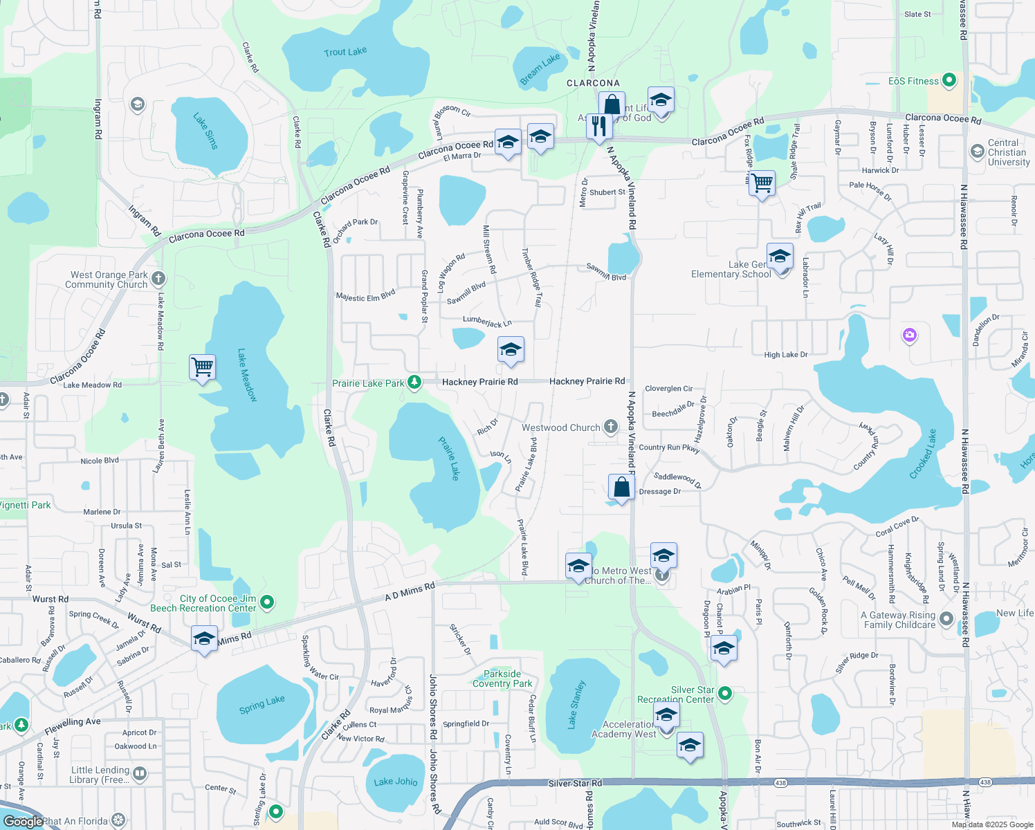 map of restaurants, bars, coffee shops, grocery stores, and more near 501 Hager Drive in Ocoee